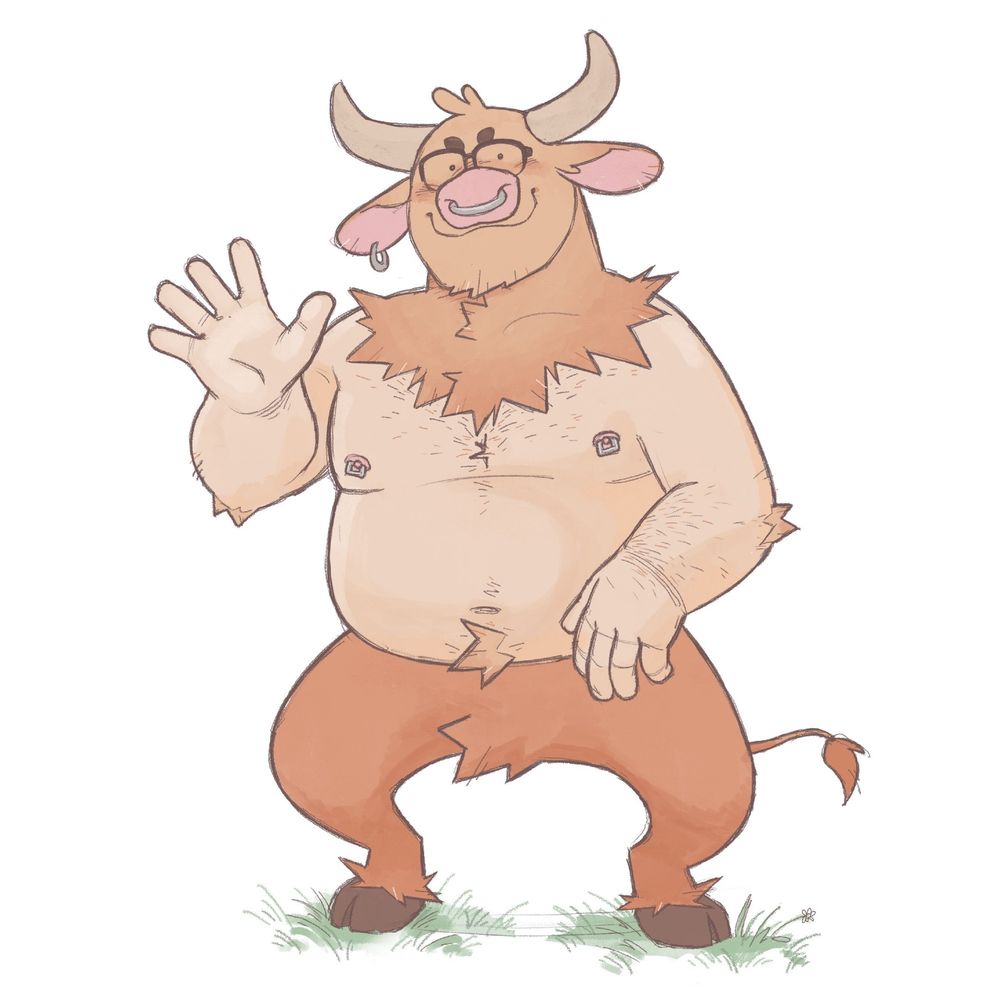 A minotaur version of my sona, Orange! He's a half man, half bull. He is a rather large fella, with piercings on his ear, nose, and nipples.