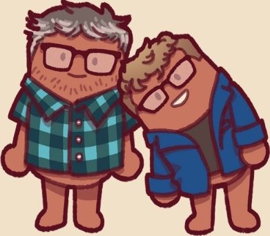 What appears to be a cartoon Hank and John. John in glasses and a flannel on the left, Hank leaning on his shoulder with glasses, a black T-shirt under a blue long sleeve open shirt.