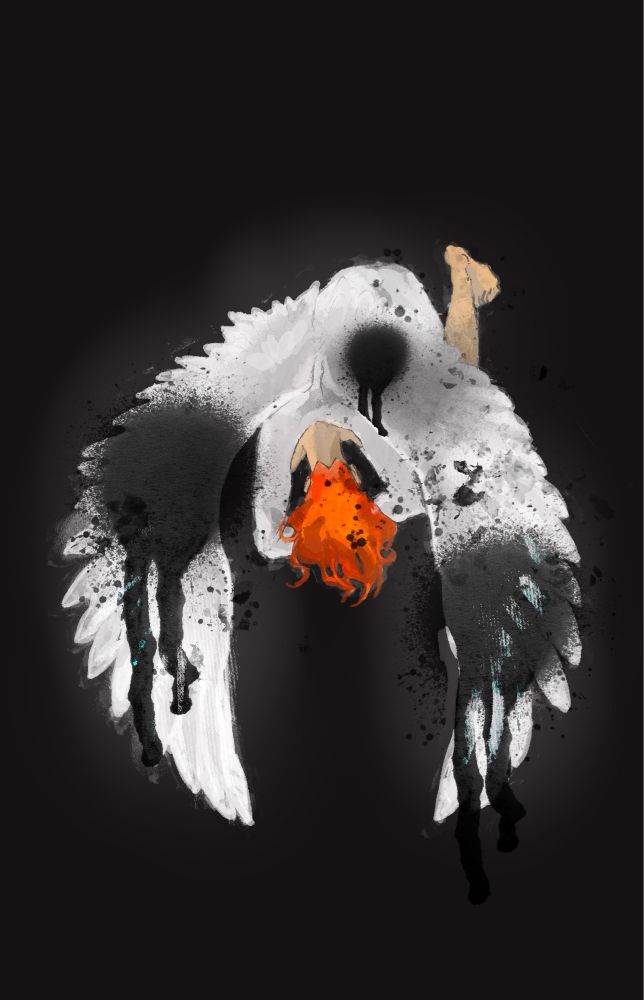 黒い背景に白い羽根を持った天使のクロウリー
羽根を伸ばして背中を向けて倒れている
羽根はインクを垂らしたように黒くなっている