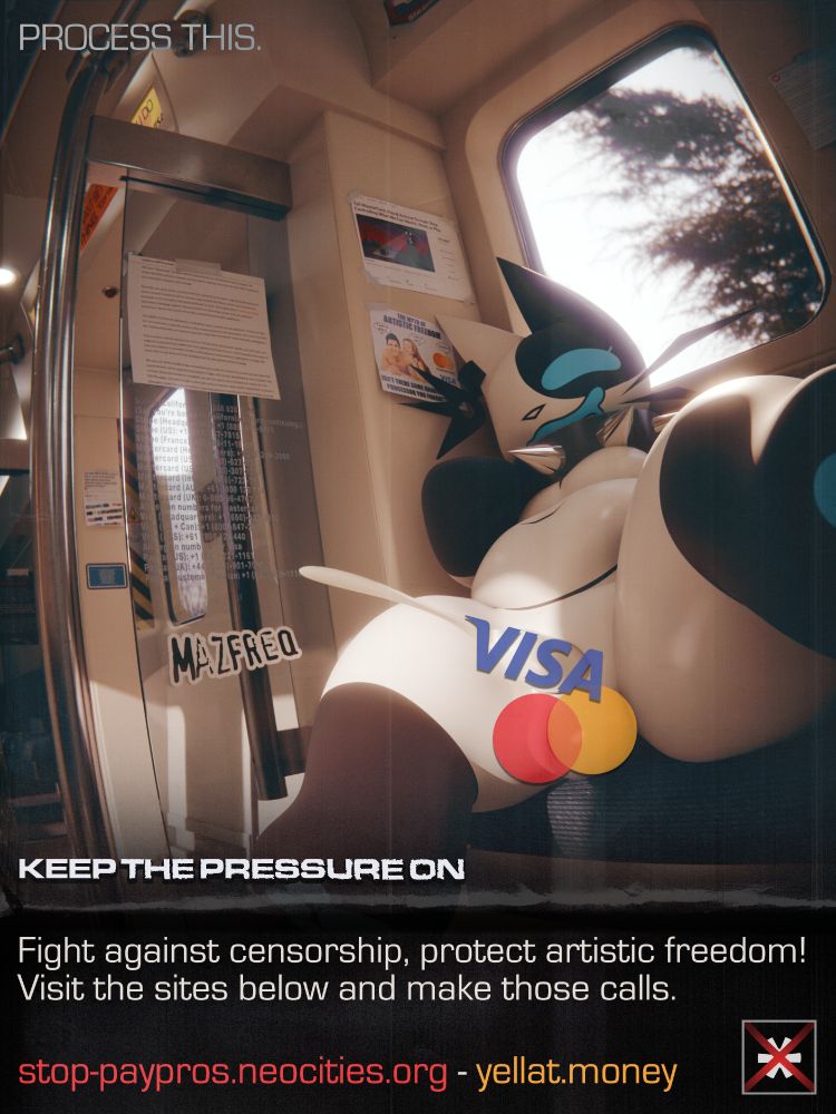 Character blowing a load censored by payment processor logos, a call to action is below the image.