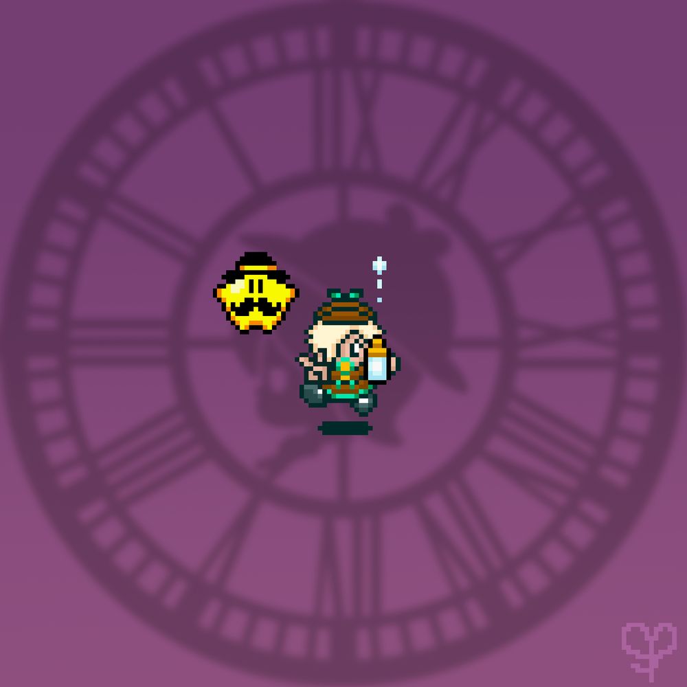 ALT This pixelated sprite of Detective Baby Rosalina depicts her holding a bottle and throwing a peace sign while she does a little hop and some milk splashes out of the bottle. She has a shadow and is accompanied by Dr. Luma who has a darker outline than she does.