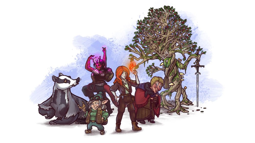 Our D&D party consists of a human sorceress named Ember, a gnomish ranger named Gnora, a half-gnome cleric named Hildegard Eden Von Tempest, a tiefling bard named Nyx Heartstring, a barbarian tree named Rowan, and a giant badger named Asalbrock.