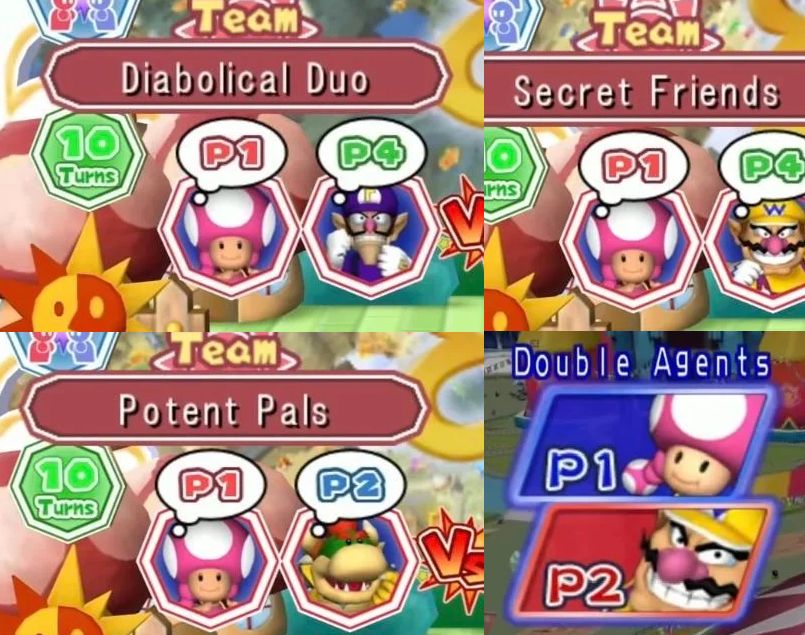 Mario Party screenshots shared by BobtheBritish on r/Mario, depicting team names of various teams Toadette can be on in the Mario Party series. Toadette and Waluigi are the "Diabolical Duo", Toadette and Wario are "Secret Friends" or "Double Agents"; and Toadette and Koopa Kid are "Potent Pals".
