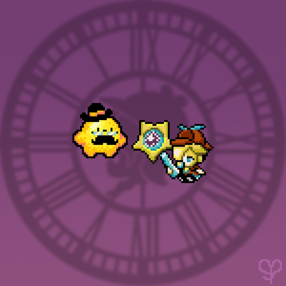 These pixelated sprites of Detective Baby Rosalina and Dr. Luma don't quite seem to match each other in terms of style or quality. Detective Baby Rosalina is sitting down, while holding a very large magnifying glass.