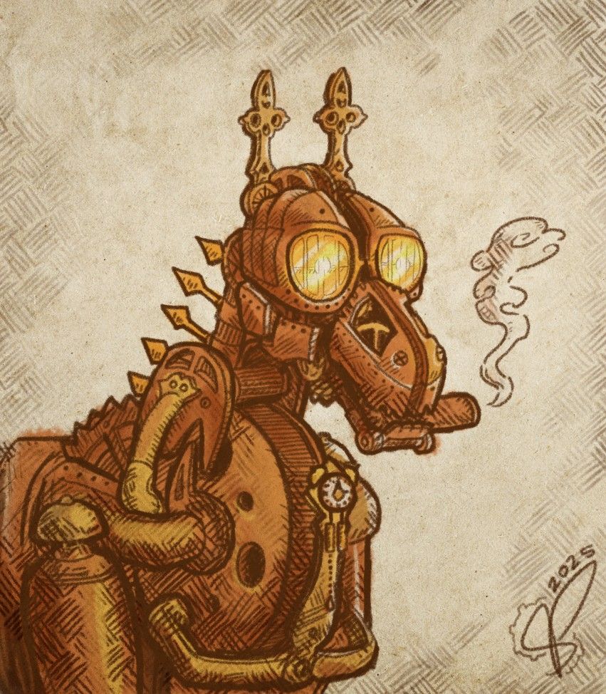 It's a steampunk horse made of copper clockwork. He has an exhaust pipe out his mouth like a cigar, and headlight eyes like aviator sunglasses.