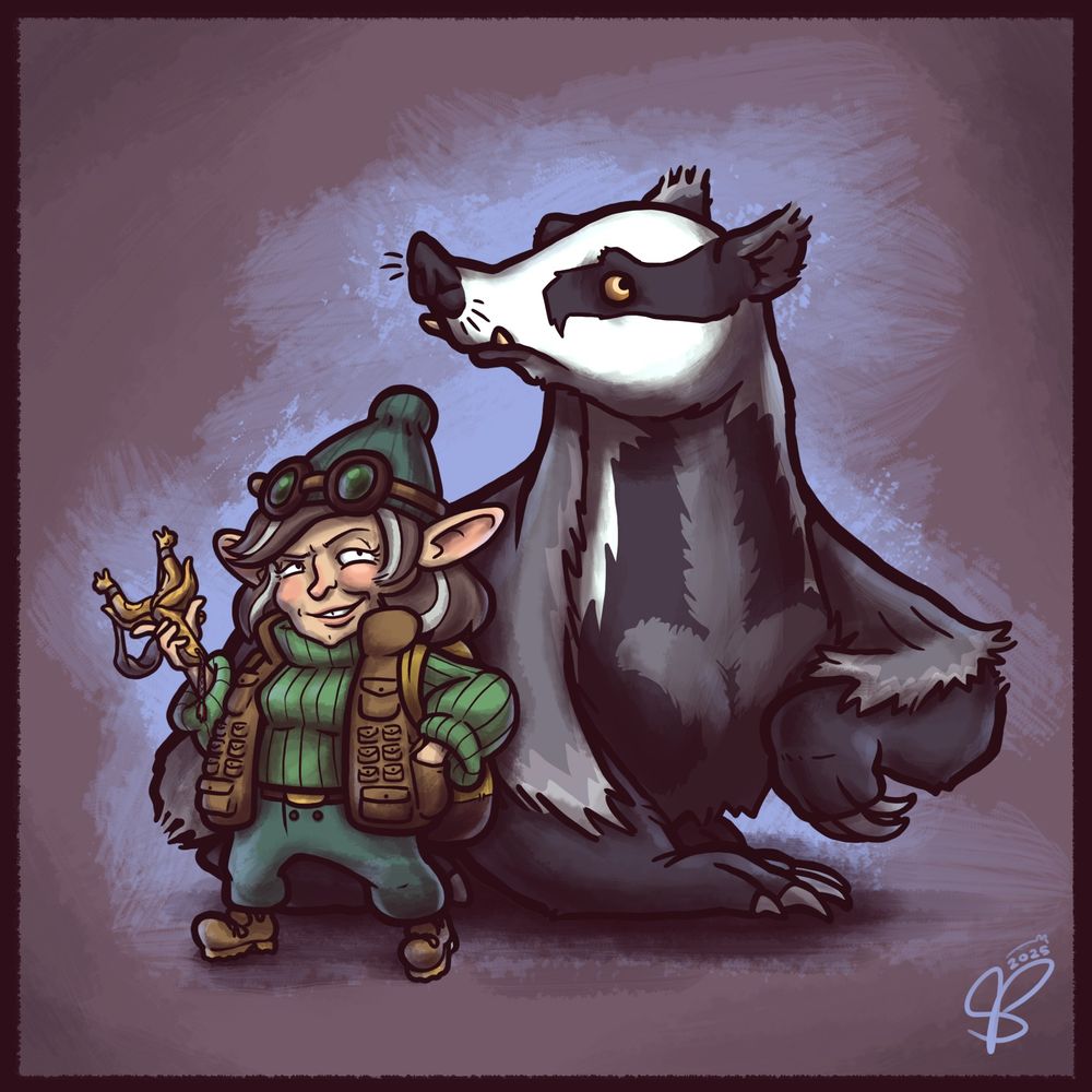 A middle-aged gnome woman wearing hiking gear including goggles and a vest covered in pockets. She's starting to go grey, and has a tough, sassy energy. Her slingshot is carved from wood, with the prongs forming two shapes like banana slugs.

Her giant badger stands behind her, lifting one paw of the ground. Two of his lower fangs poke out of his mouth like tusks. His eyes are looking up with that innocently concerned eyebrow thing that dogs do.