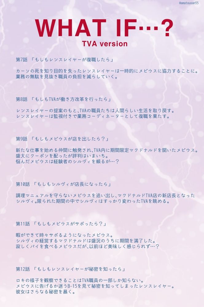 第7話
「もしもレンスレイヤーが復職したら」

カーンの死を知り目的を失ったレンスレイヤーは一時的にメビウスに協力することに。
業務の無駄を見抜き職員の負担を減らしていく。

第8話
「もしもTVAが働き方改革を行ったら」

レンスレイヤーの提案のもと、TVAの職員たちは人間らしい生活を取り戻す。
レンスレイヤーは監視付きで業務コーディネーターとして復職を果たす。

第9話
「もしもメビウスが店を出したら？」

新たな仕事を始める仲間に触発され、TVA内に期間限定マクドナルドを開いたメビウス。
盛大にクーポンを配ったが評判はいまいち。悩んだメビウスは経験者のシルヴィを頼るが…？

第10話
「もしもシルヴィが店長になったら」

調理マニュアルを守らないメビウスに業を煮やし、メビウスを追い出してマクドナルドTVA店の店長となったシルヴィ。
限られた期間の中でシルヴィはすっかり変わったTVAを眺める。

第11話
「もしもメビウスがサボったら？」

暇ができて時々サボるようになったメビウス。
シルヴィの経営するマクドナルドは盛況のうちに期間を満了した。
寂しくパイを食べるメビウスだが、以前ほど美味しく感じられず…？

第12話
「もしもレンスレイヤーが秘密を知ったら」

ロキの様子を観察できることはTVA職員の一部しか知らない。
メビウスに告げるか迷うB-15を見て秘密を知ってしまったレンスレイヤー。
彼女はさらなる秘密を暴く。