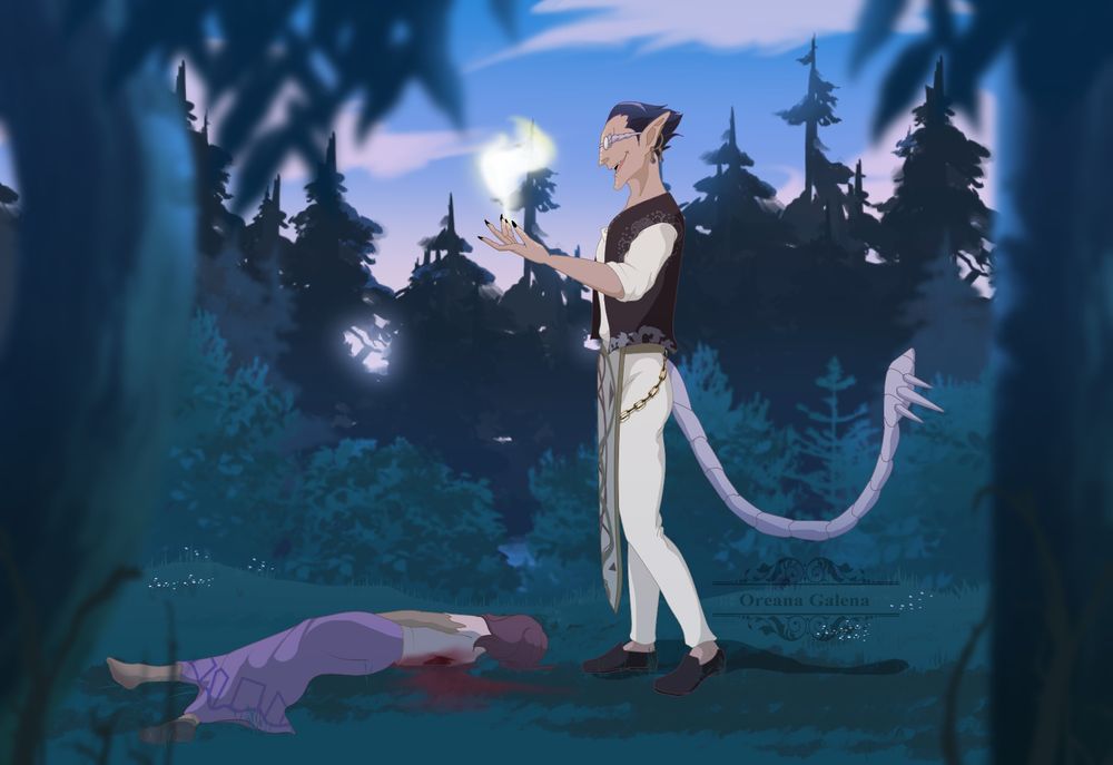 Demiurge holding the soul of the fallen milk seller in a forested area at dawn.