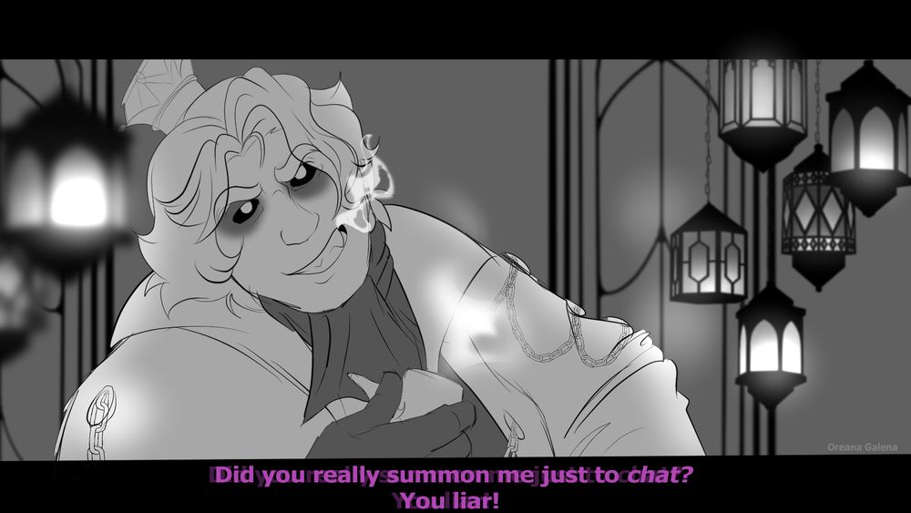 A grayscale WIP of my gijinka King Boo leaning to the side a bit with his pipe in one hand. Smoke is seeping through his teeth as he grins. There are gorgeous lights in the foreground and background with a few windows.

The text reads: Did you really summon me just to chat? You liar!