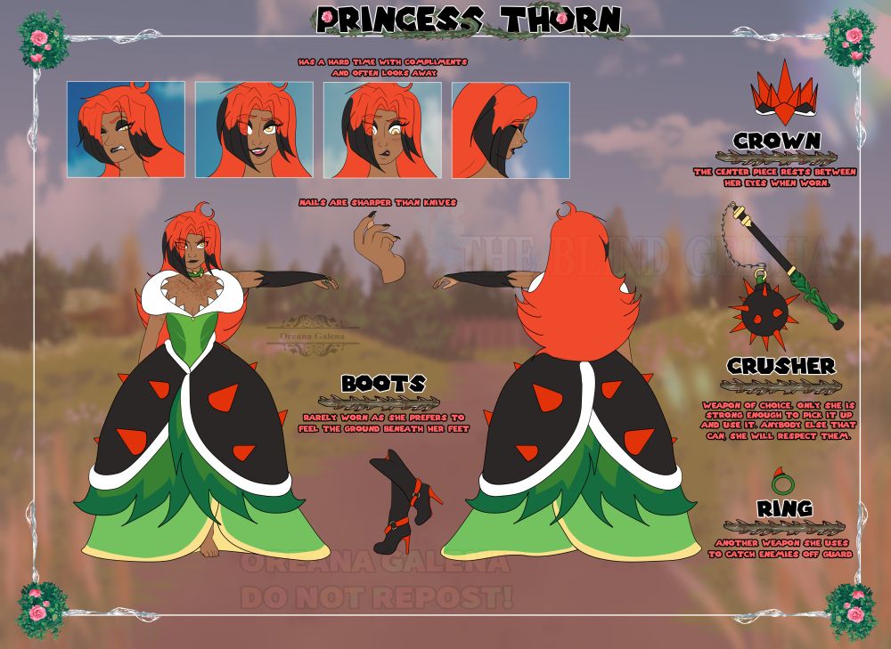 A reference sheet detailing a gijinka prickly piranha plant princess design that shows signs of her also being a strong warrior. 

I would write more, but I hope readers/ viewers understand I am low vision myself and have nerve issues. Feel free to save the image and blow it up. I promise it is a large canvas size. Just do not repost it on other sites. ♥