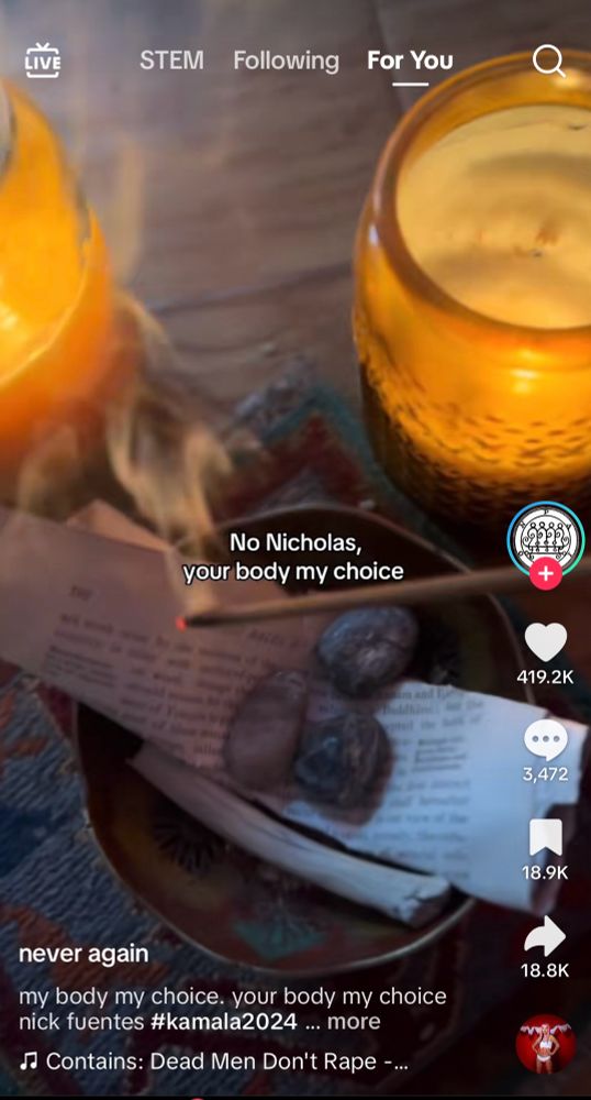 Screenshot from a tiktok video with a lit piece of wood and the words “No Nicholas, your body my choice”