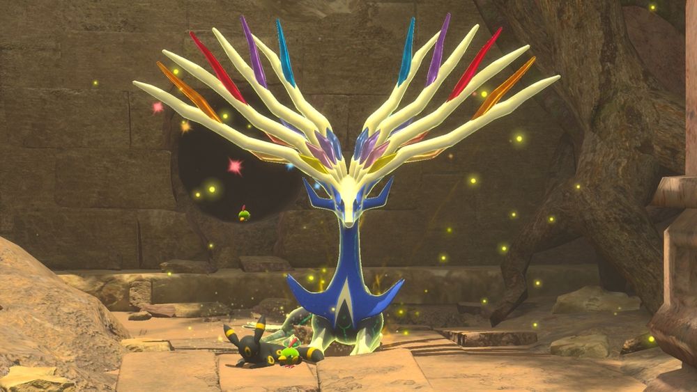 Image from New Pokémon Snap featuring Xerneas, Umbreon, Natu