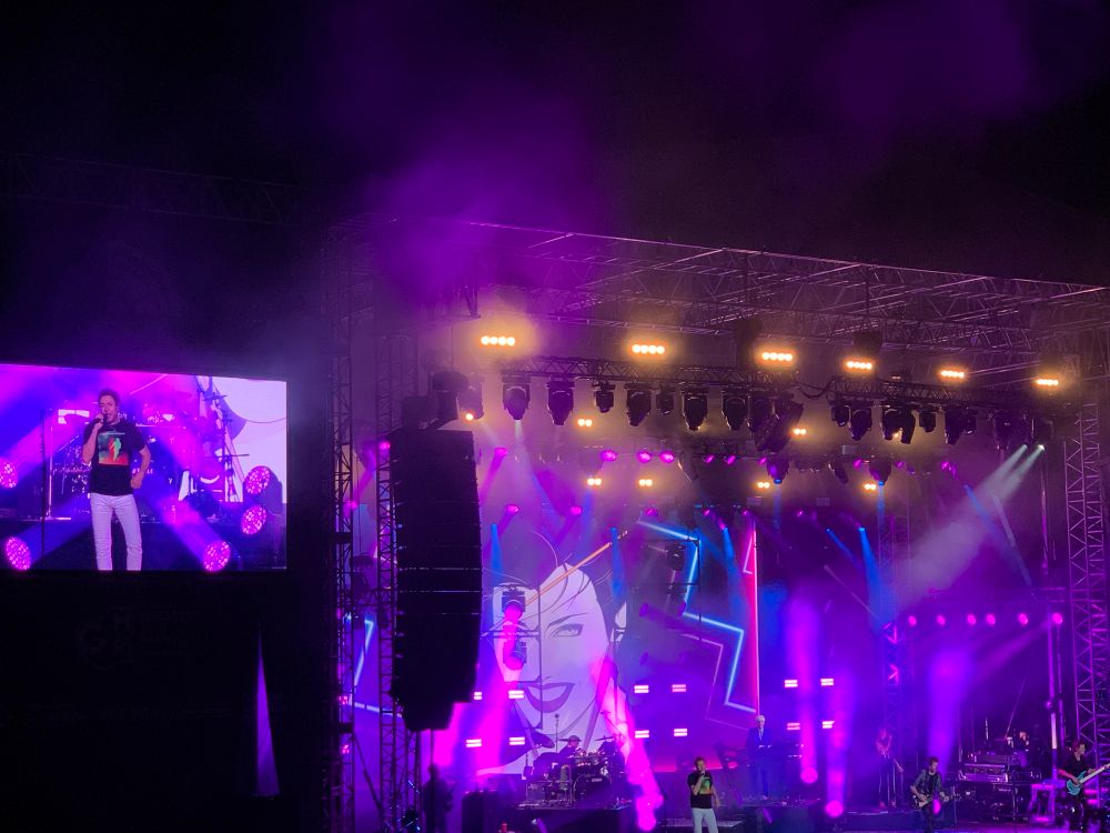 Duran Duran on stage, Scarborough Open Air Theatre. 2021. Singing RIO and the background graphics on the display is the famous RIO girl from the album cover.