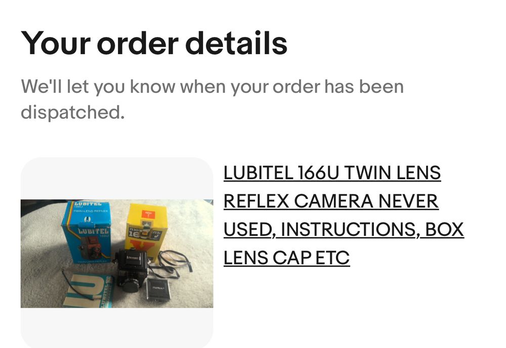 Screen grab of eBay order for second hand Lubitel 166U Twin Lens Reflex camera