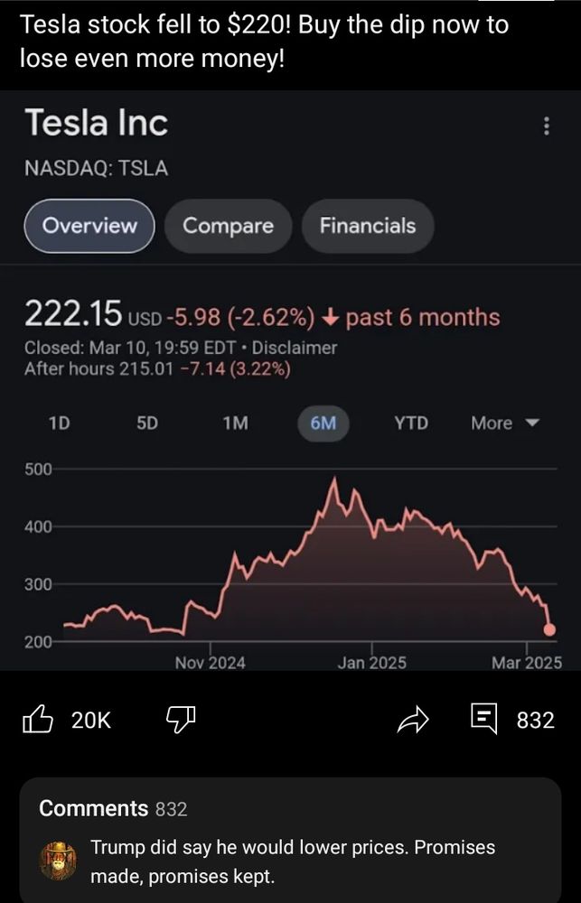 Tesla stock fell to $220! Buy the dip now to lose even more money!
Tesla Inc 
NASDAQ: TSLA
222.15 USD -5.98 (-2.62%)
Closed: Mar 10, 19:59 EDT
After hours 215.01-7.14 (3.22%)
Pictured: A six month graph beginning near 200, rising to 500 in December, falling near 200 again in March.
Trump did say he would lower prices. Promises made, promises kept.