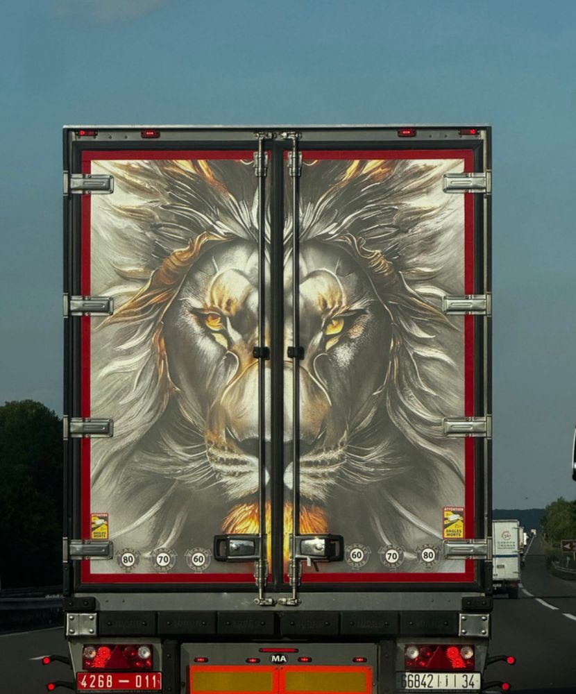 Auf einem LKW ist das Bild von einem Löwen auf dem Heck.