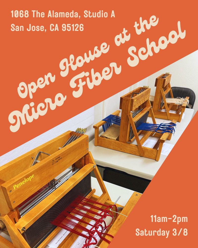 A triangle shaped picture of three table looms taken at an angle. The event's title, time, and date surround the image. In the top left corner is the address 1068 The Alameda, Studio A, San Jose, CA 95126