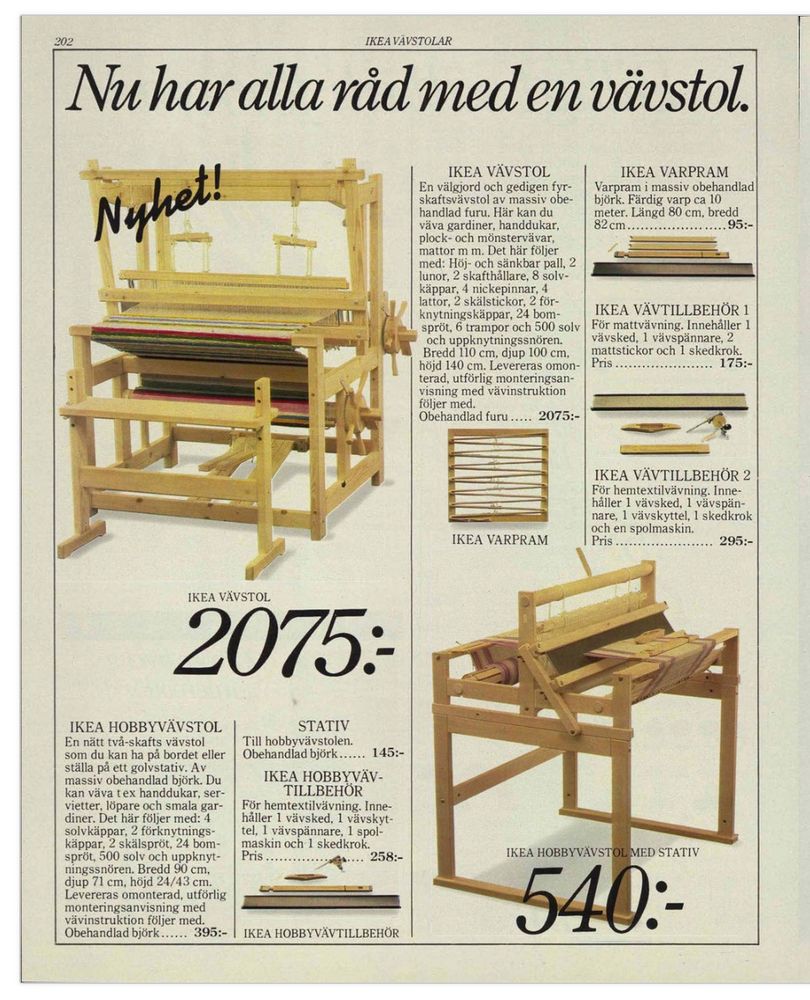 A page from a Swedish Ikea catalog in showing a floor loom, table loom, warping board, reeds, shuttles, and other tools.