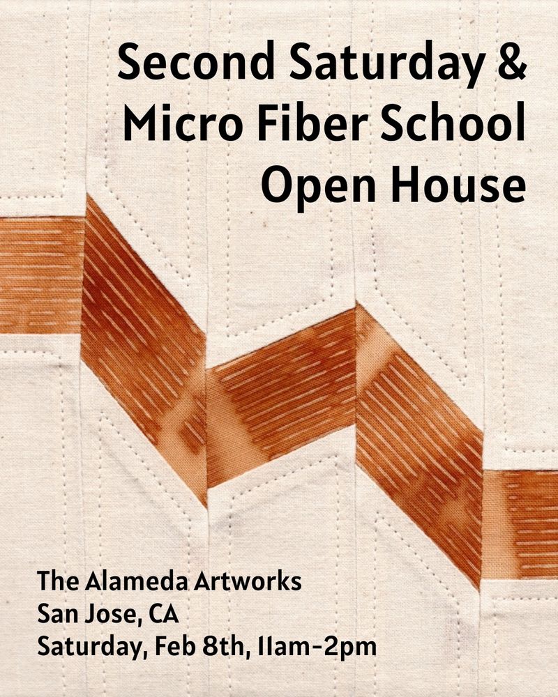 A textile composition made from the rust prints of weaving reeds with caption overlayed as text