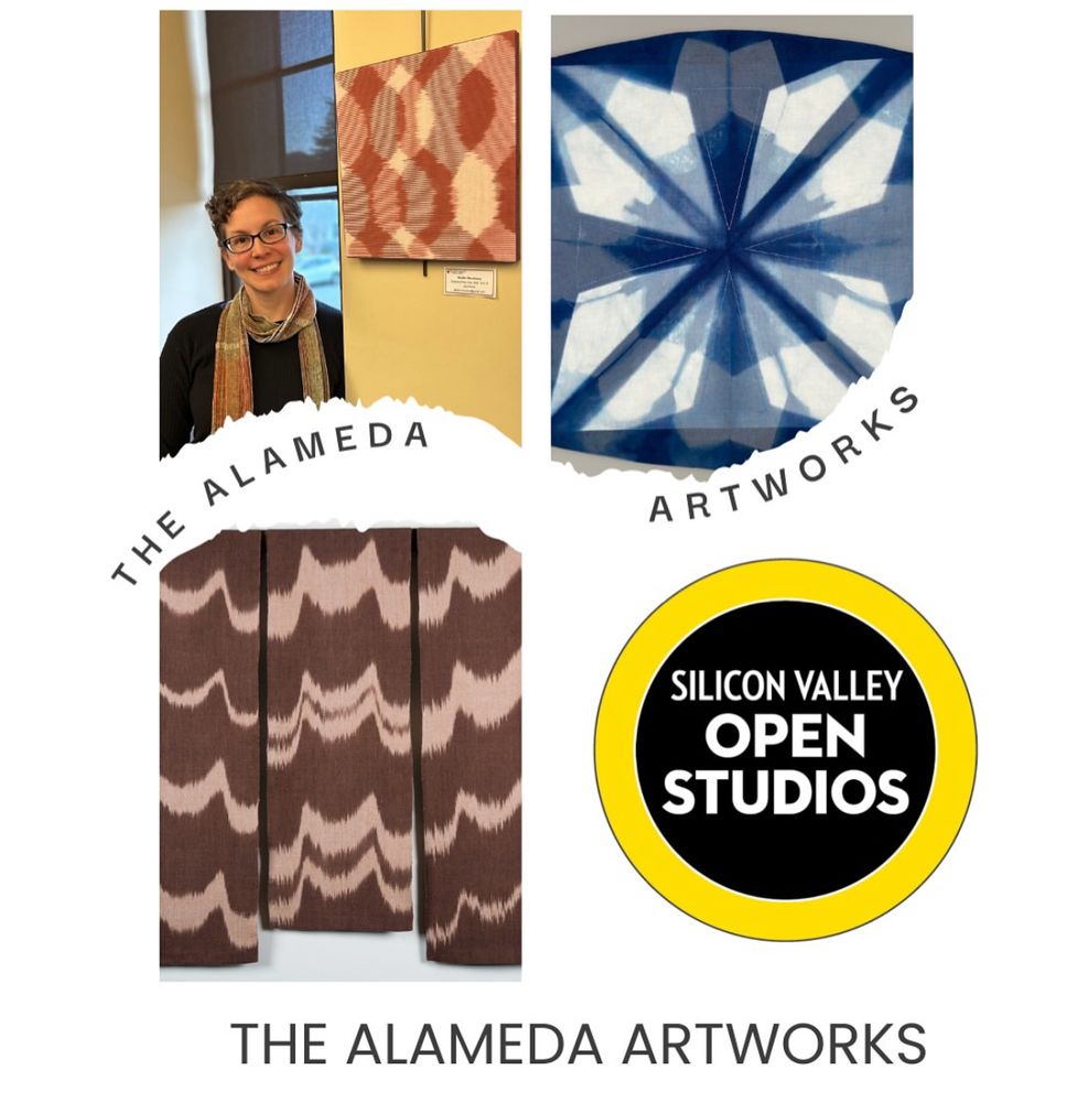 Ally Kraus, two weavings, and one indigo textile piece, featured next to the text The Alameda Artworks Silicon Valley Open Studios