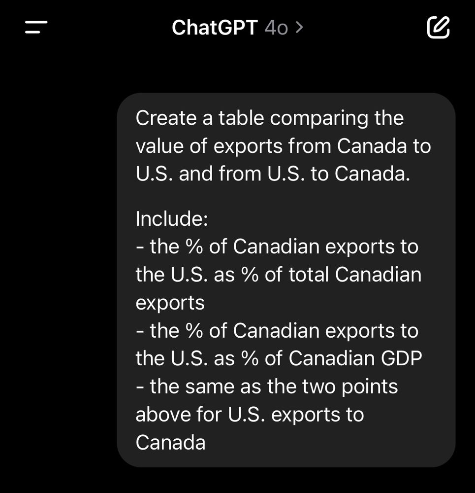 ChatGPT 40 >
Create a table comparing the value of exports from Canada to
U.S. and from U.S. to Canada.
Include:
- the % of Canadian exports to the U.S. as % of total Canadian exports
- the % of Canadian exports to the U.S. as % of Canadian GDP
- the same as the two points above for U.S. exports to
Canada