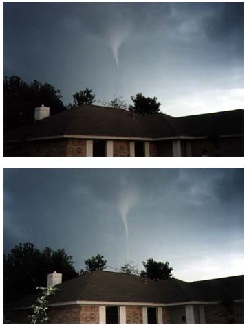 Two photos of a sharp but thin tornado funnel over a rooftop. In the second photo, the tornado is reaching toward the ground.