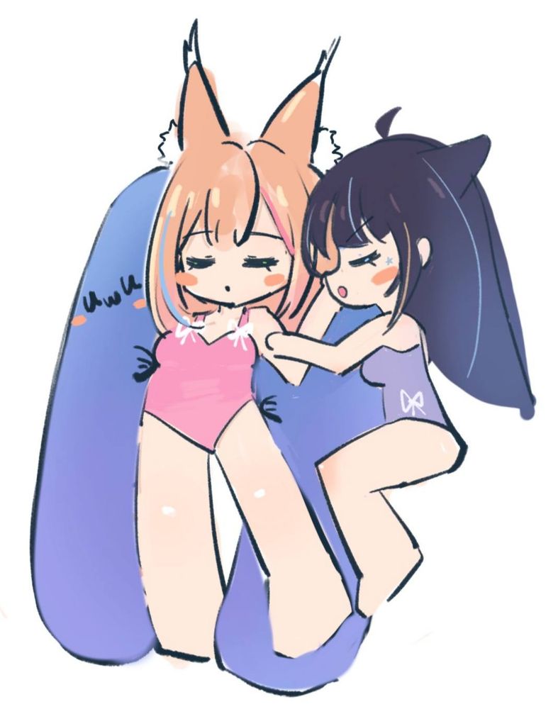 Lina sleeping on top of a blue U-shaped pillow, with "uwu" written on it. Cyan is snuggled up on the side.

(Art by Cyan)