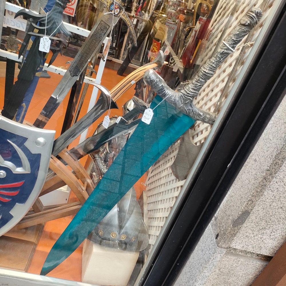 Replica of the Moonlight Greatsword in a shop window in Toledo