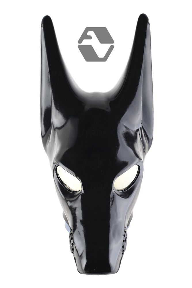 Front view of J9 latex gas mask in black shiny latex showing the two large ears and muzzle with almost glowing, reflective eyes.