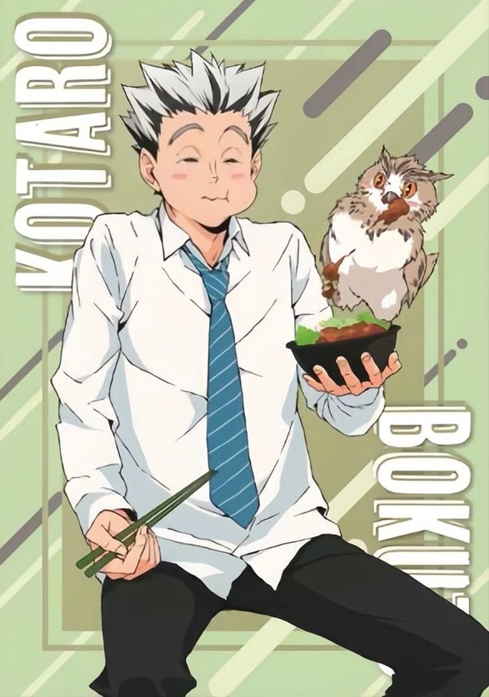 New official art of Bokuto Kotaro from Haikyuu!! He is happily eating food while his owl mascot steals from the bowl.