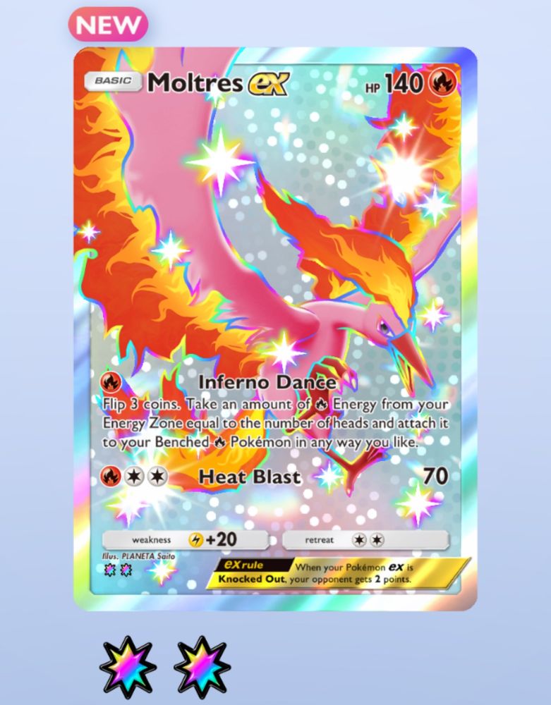 A shiny moltres ex card from the new booster pack on Pokemon tcg pocket