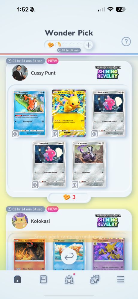 A screenshot from the Pokemon TCG Pocket game showing a wonder pick from another player with the username Cussy Punt