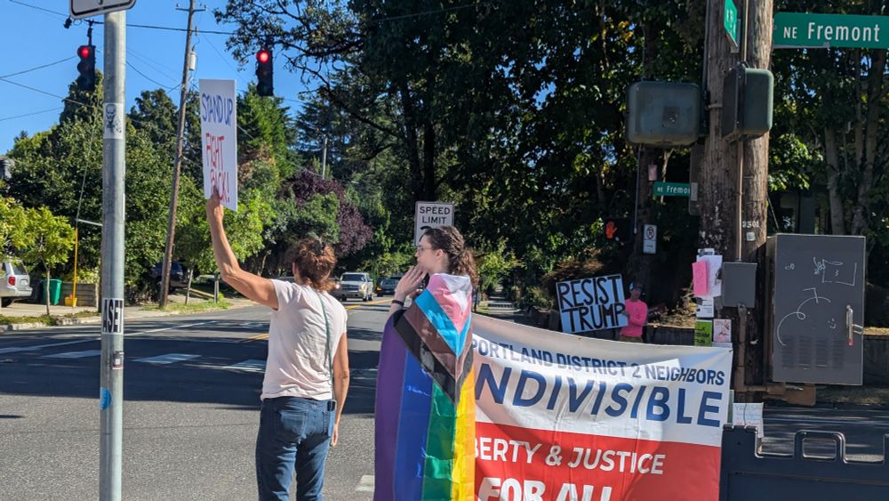 Three protesters on a sunny city street corner with anti trump signs and an INDIVISIBLE banner. One person is wearing the trans pride flag as a cape 