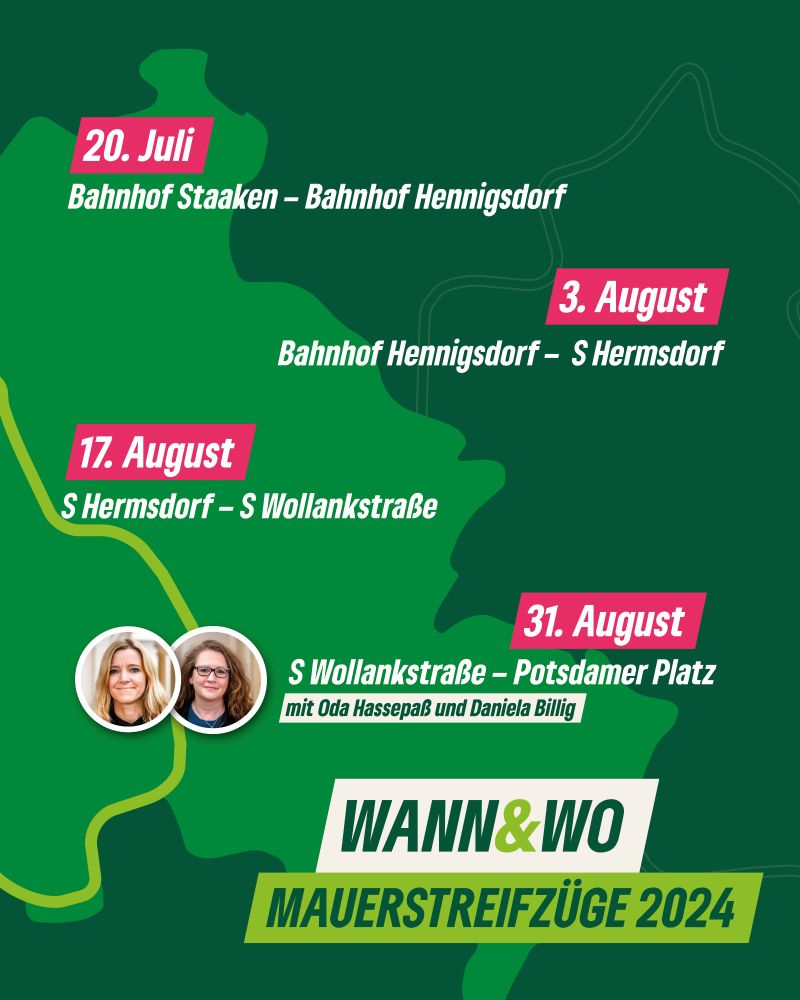 Grüner Hintergrund, darauf der östliche Teil des Mauerradwegs als Karte. Darauf stehen die Daten und wer von den Grünen Abgeordneten mitkommt.