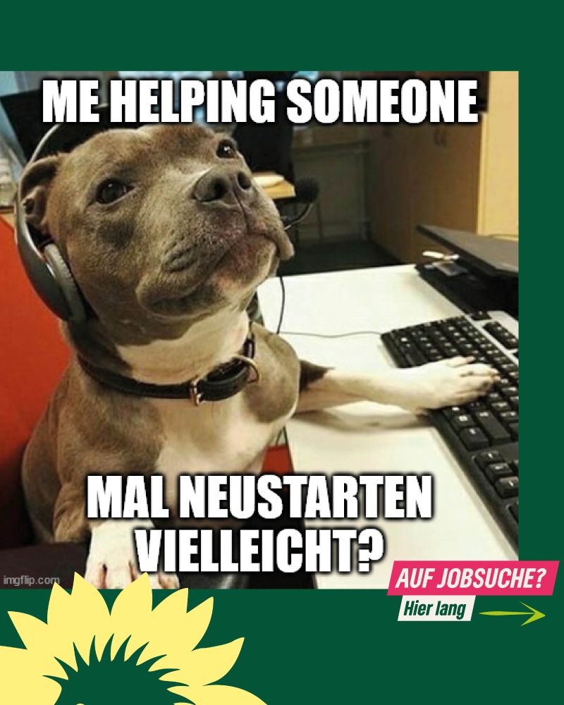 Grüner Hintergrund, darauf ein Meme von einem Hund mit Headset am Computer. Text auf dem Meme: „Me helping someone: mal neustarten vielleicht? Auf Jobsuche? Hier entlang“