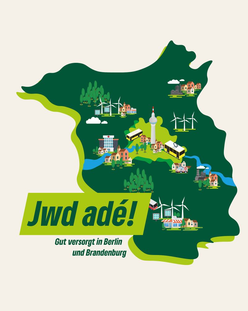 Alternativtext: Grafik einer Berlin-Brandenburg-Karte, auf der einige Grafiken sind: Busse und Trams, Windräder, Supermärkte, ein Krankenhaus und ein Krankenwagen, Häuser und Bäume. Die Karte ist in grün gehalten. Text daneben: „Jwd adé – Gut versorgt in Berlin und Brandenburg“