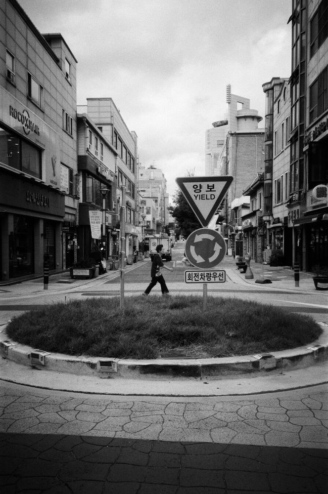 작은 회전교차로가 공원처럼 설치됐다. 뒤쪽 양옆에는 2~3층짜리 건물들이 늘어서있고 좁은 도로가 보인다. 회전교차로 한가운데 풀숲에는 '양보', '회전차량우선' 표지판이 서있고, 그 사이로 건너편에 누군가가 가로질러 걸어가는 것처럼 보인다.