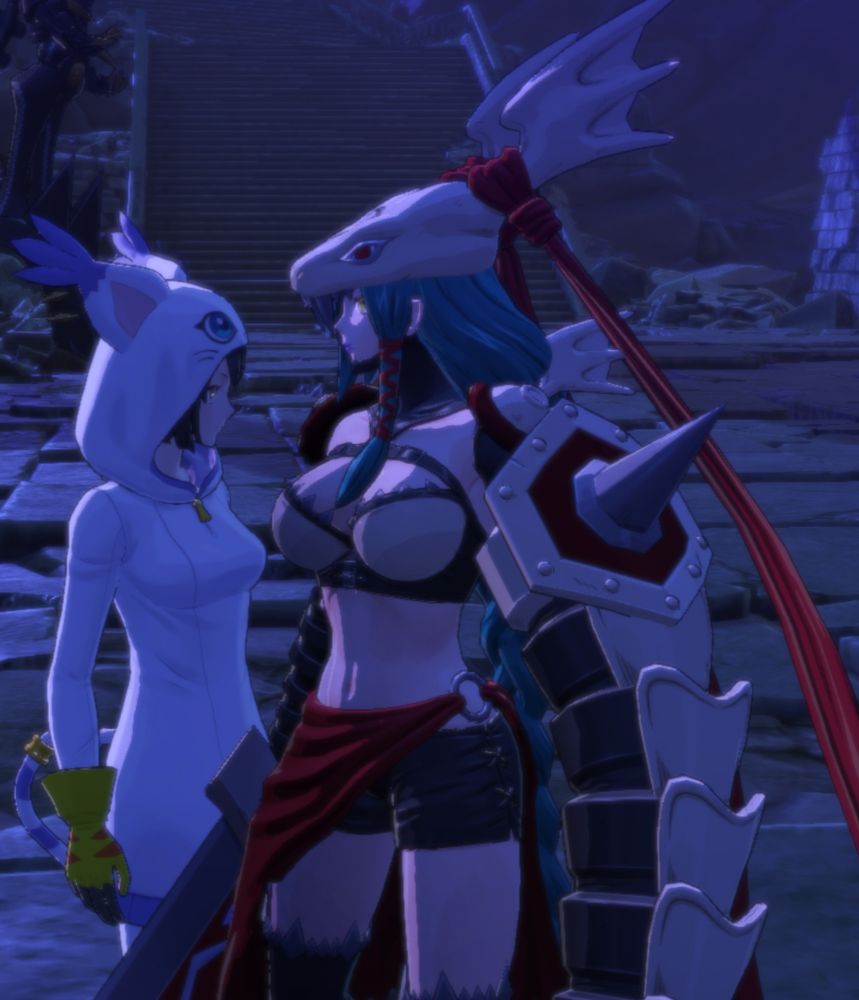 An image of the female player character from Digimon Time Stranger staring longingly into the eyes of Mervamon.
