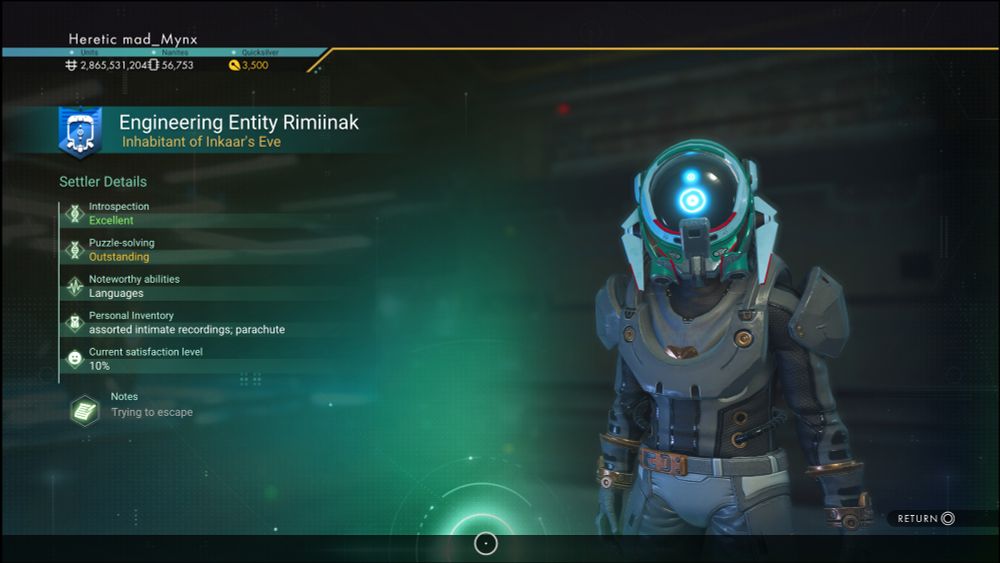 Screenshot of a settler's detail screen in No Mans Sky, featuring a Korvax with outstanding puzzle-solving skills, and apparently a porn collection in its inventory. 