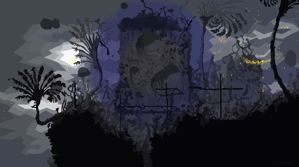 A digital redraw of a screen from Rain World: The Watcher. In the drawing, The Watcher sits amongst rocks beneath a rippling portal.