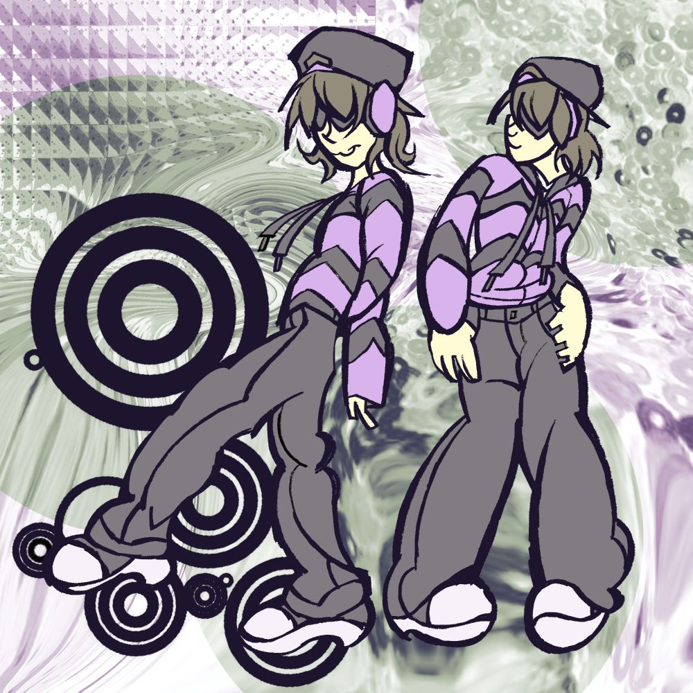 Two digital drawings of a person wearing a backwards cap, a striped jacket, and wide-leg pants. Their clothes are purple and black.