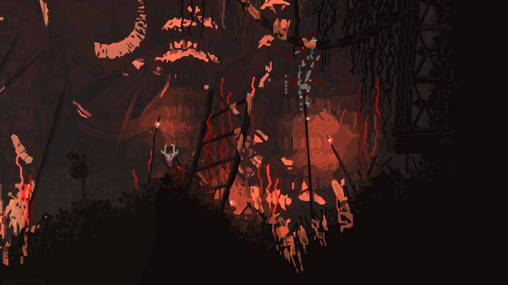 A digital painting of a screenshot from Rain World: Downpour. In the painting, the artificer holds their newly obtained scavenger chieftain mask to their face.