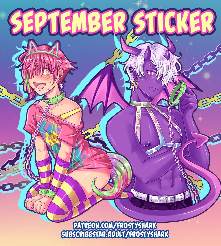 Digital art displaying my September stickers, Jinx, a pink haired boy with uneven hair, swirly eyes and an over eager smile. He's posed in a submissive manner for pet play, wearing neon green cat ears, and tail (that's supposed to be a butt plug xD) and collar and chain. Next sticker is Vara, my purple skinned demon boy, white hair and red eyes , he'looking particularly dommy today. He's wearing only a chest strap showing off his chest and pierced nipples, he's holding the same collar that Jinx is wearing in the first sticker.