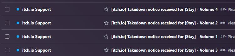 screenshot of email takedown notice from itchio - they are removing listings saying they don't allow more dark sexual themes