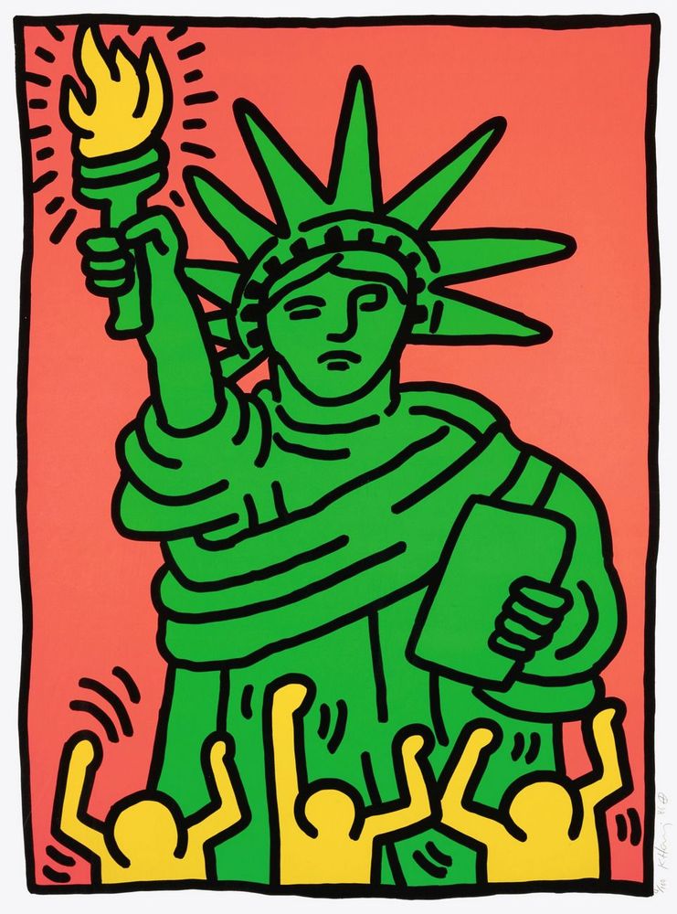 Keith Haring style art of the Statue of Liberty with 3 people cheering