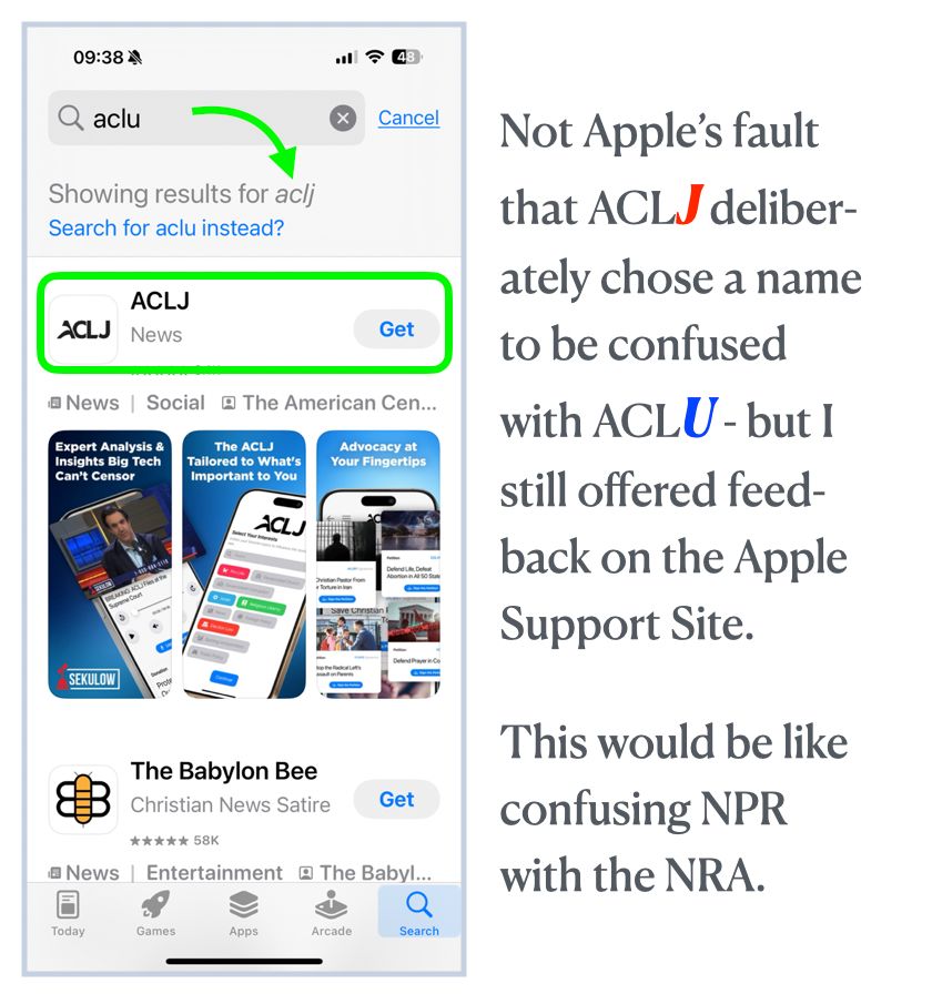 Screenshot shows the search for a c l u returns an app for a c l j. Not the fault of apple, but a c l u and a c l j are two very different orgs. 