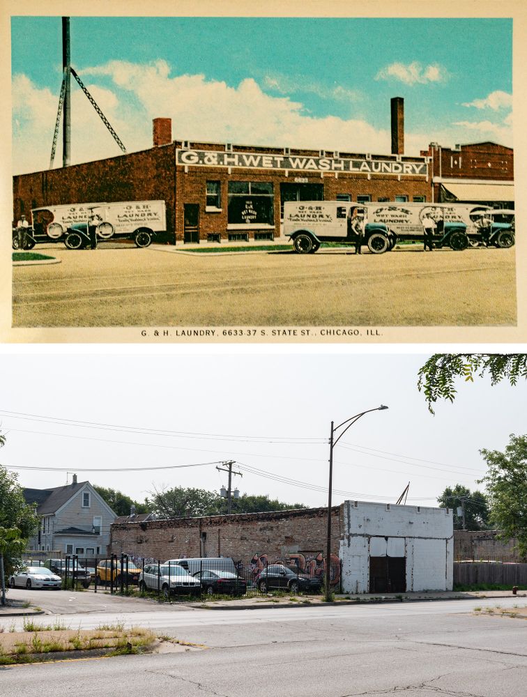 1922 postcard on top, one story brick laundry building with four vans in front; 2025 photo below, most of the building demolished, facade painted white, vacant lot filled with cars 