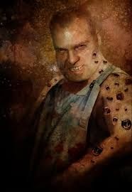 A mean looking man with a buzz cut in overalls. He is heavyset and glaring, mouth open, teeth clenched. There are screaming mouths of all sizes marching up the arm, shoulder, and neck that are facing us.