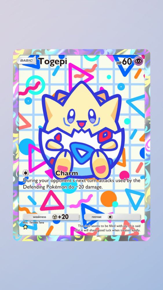 A screenshot of a Togepi card from "Pokémon Trading Card Game Pocket". A cute, flat-design style Togepi, outlined in blue, sits against a backdrop of 90s-style colourful shapes and swirls.