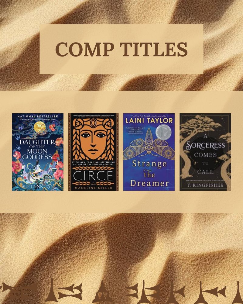 A background of sand, with images of books overlayed - Daughter of the Moon Goddess by Sue Lynn Tan, Circe by Madeline Miller, Strange the Dreamer by Laini Taylor, and A Sorceress Comes to Call by T. Kingfisher, with the text "Comp Titles" above them and cuneiform letters below.
